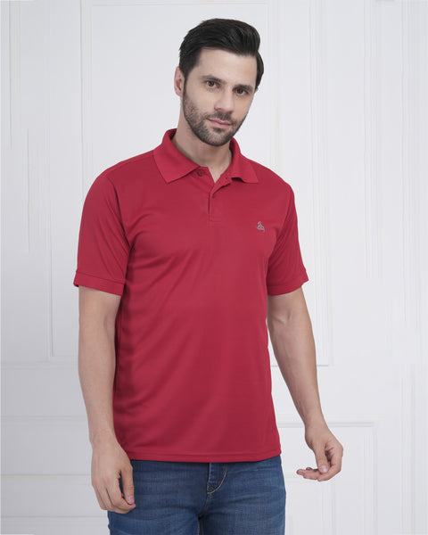 Crimson Red Athleisure Polo Tee Men Sweat Control Gym Ready Look