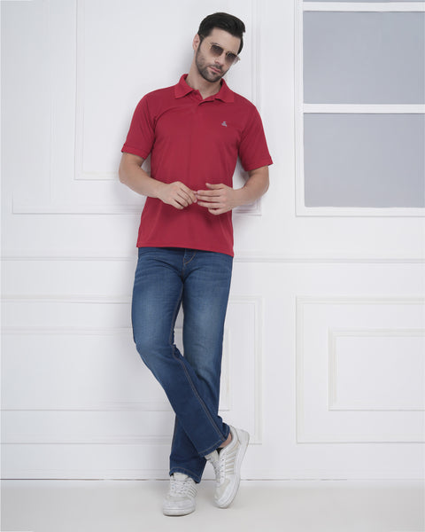 Crimson Red Athleisure Polo Tee Men Sweat Control Gym Ready Look