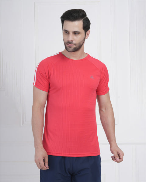 Coral Red Dynamic Training Round Neck T Shirt with Shoulder Stripe