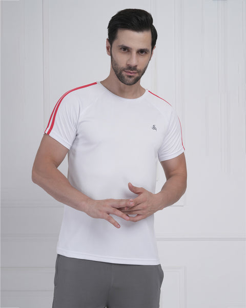 White Red Stripe Performance Gym Tee for Men Breathable Sport Fit