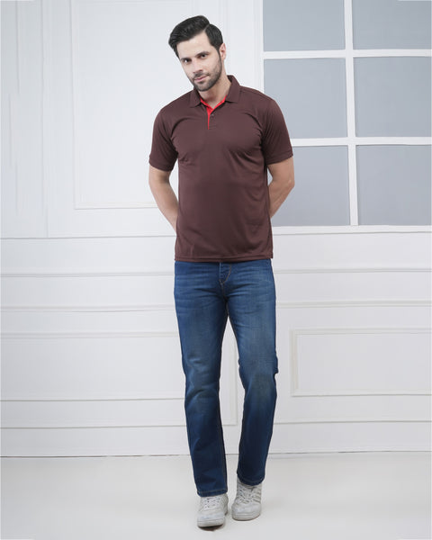 Coffee Brown Fitness Polo Tshirt Red Jacquard Sport Style