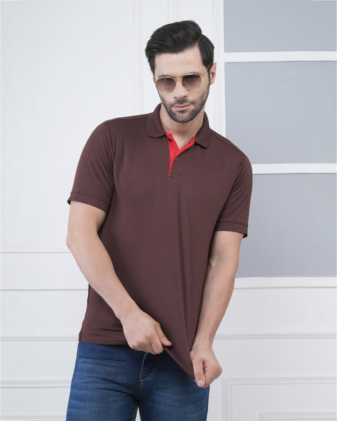 Coffee Brown Fitness Polo Tshirt Red Jacquard Sport Style
