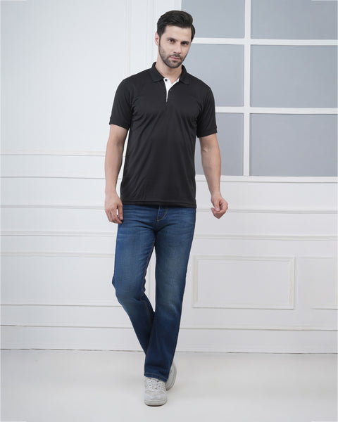 Black Polo Tshirt White Jacquard Collar Gym Casual Performance Wear