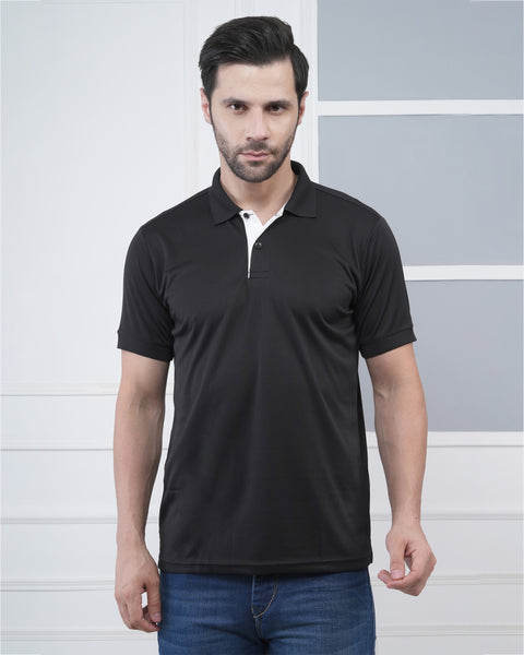 Black Polo Tshirt White Jacquard Collar Gym Casual Performance Wear