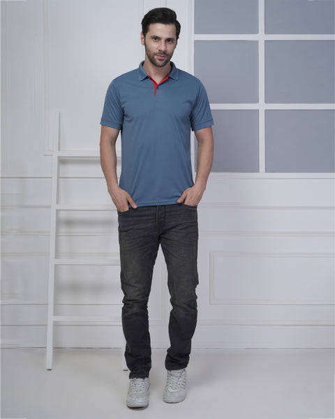 Steel Blue Polo Tshirt Red Jacquard Collar Stylish Sports Wear