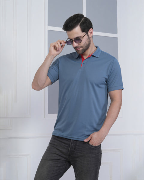 Steel Blue Polo Tshirt Red Jacquard Collar Stylish Sports Wear