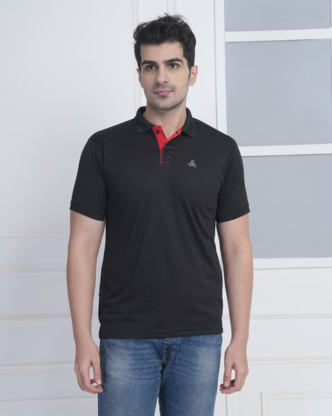 Black Training Polo Tshirt Red Jacquard Collar Performance Fit