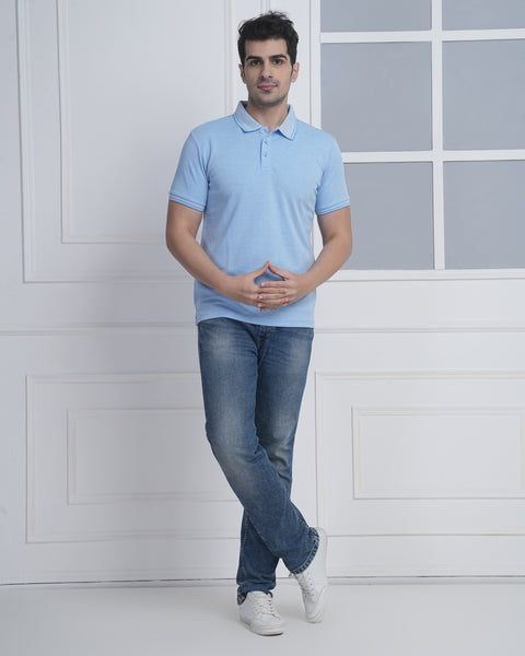 Men’s Sky Blue Polo T-Shirt with Subtle Contrast Detail
