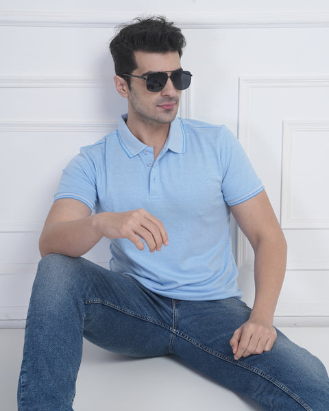 Men’s Sky Blue Polo T-Shirt with Subtle Contrast Detail