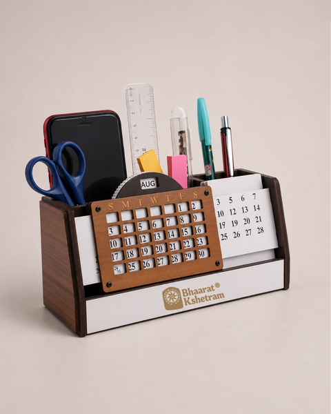 Wooden Perpetual Desk Calendar Organizer with Pen and Mobile Holder