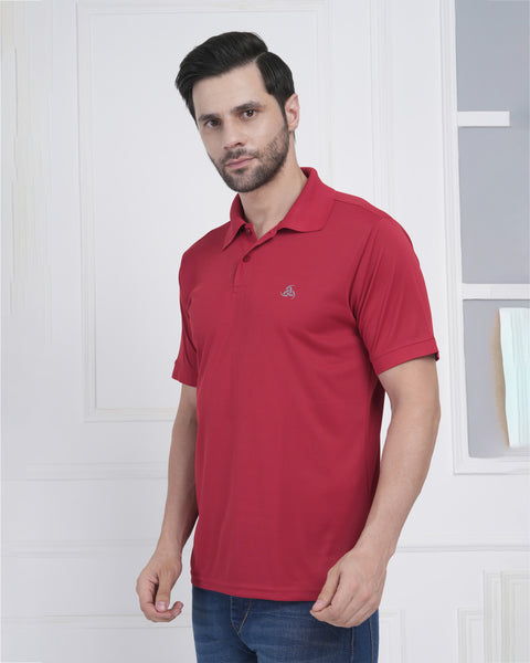 Crimson Red Athleisure Polo Tee Men Sweat Control Gym Ready Look