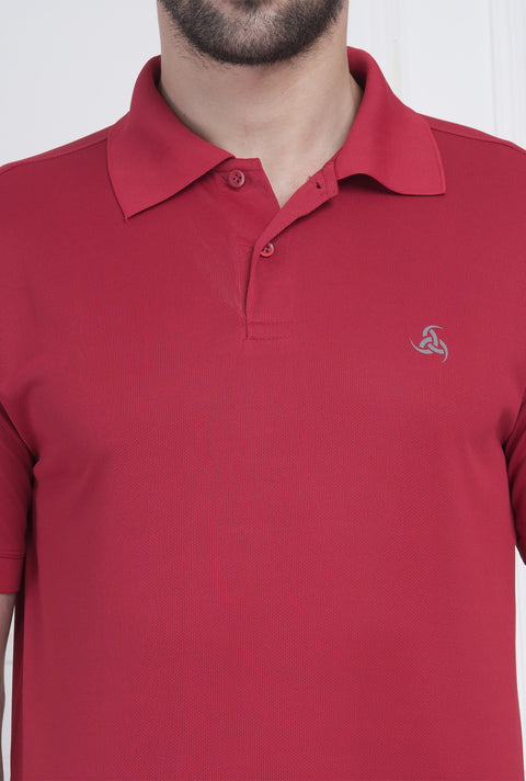Crimson Red Athleisure Polo Tee Men Sweat Control Gym Ready Look