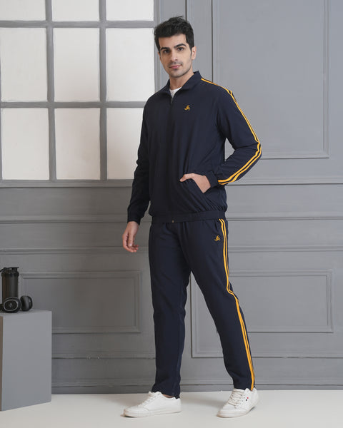 Exalon Velocity Pro Navy Gold Side Stripe Tracksuit for Men | Premium Activewear