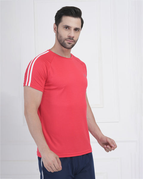 Coral Red Dynamic Training Round Neck T Shirt with Shoulder Stripe