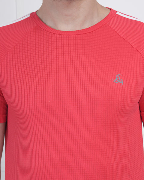 Coral Red Dynamic Training Round Neck T Shirt with Shoulder Stripe