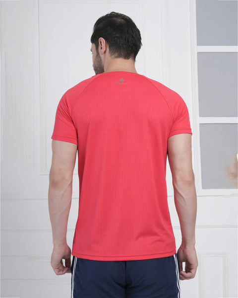 Coral Red Dynamic Training Round Neck T Shirt with Shoulder Stripe