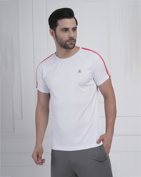 White Red Stripe Performance Gym Tee for Men Breathable Sport Fit