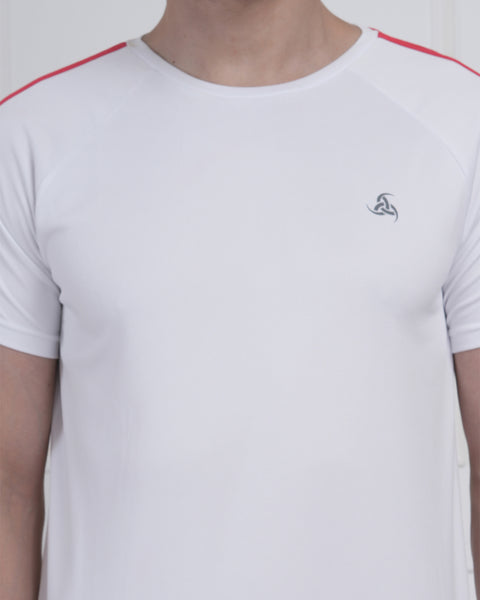 White Red Stripe Performance Gym Tee for Men Breathable Sport Fit