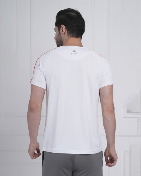 White Red Stripe Performance Gym Tee for Men Breathable Sport Fit