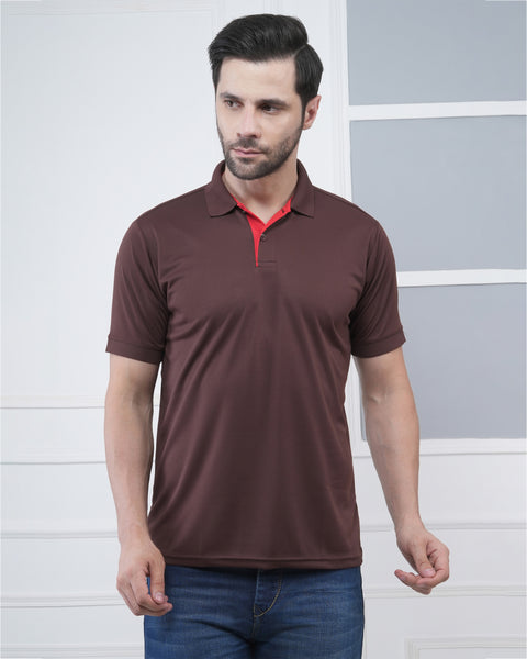 Coffee Brown Fitness Polo Tshirt Red Jacquard Sport Style
