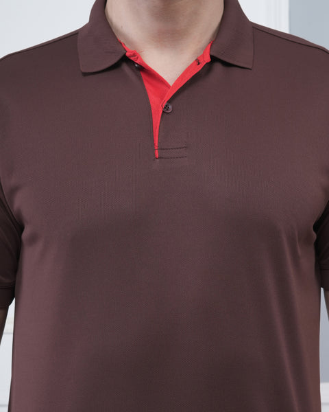 Coffee Brown Fitness Polo Tshirt Red Jacquard Sport Style