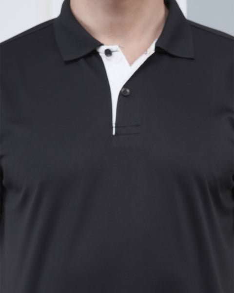 Black Polo Tshirt White Jacquard Collar Gym Casual Performance Wear