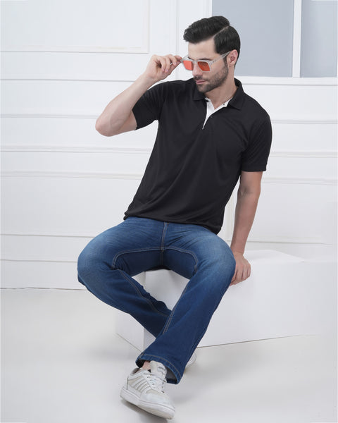Black Polo Tshirt White Jacquard Collar Gym Casual Performance Wear