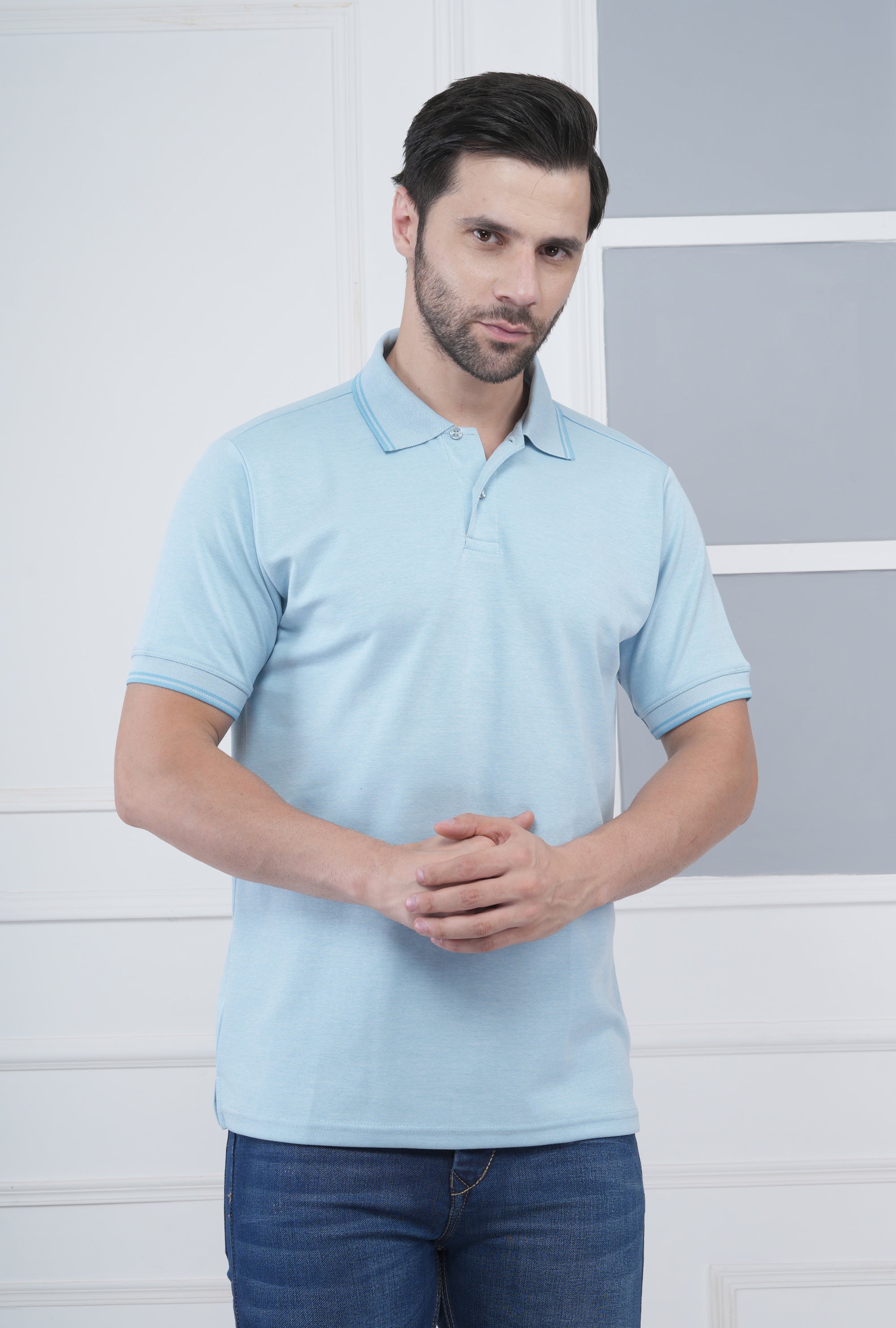 Cool Sky Blue Men’s Flex Cotton Polo T-Shirt – Premium Cotton-Polyester Blend