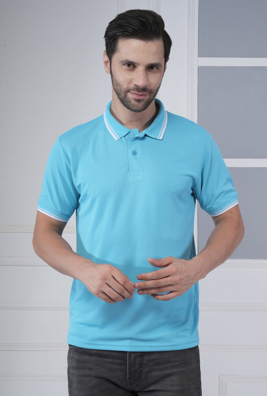 Sky Blue Men’s Tipping Polo T-Shirt – 100% High-Quality Polyester