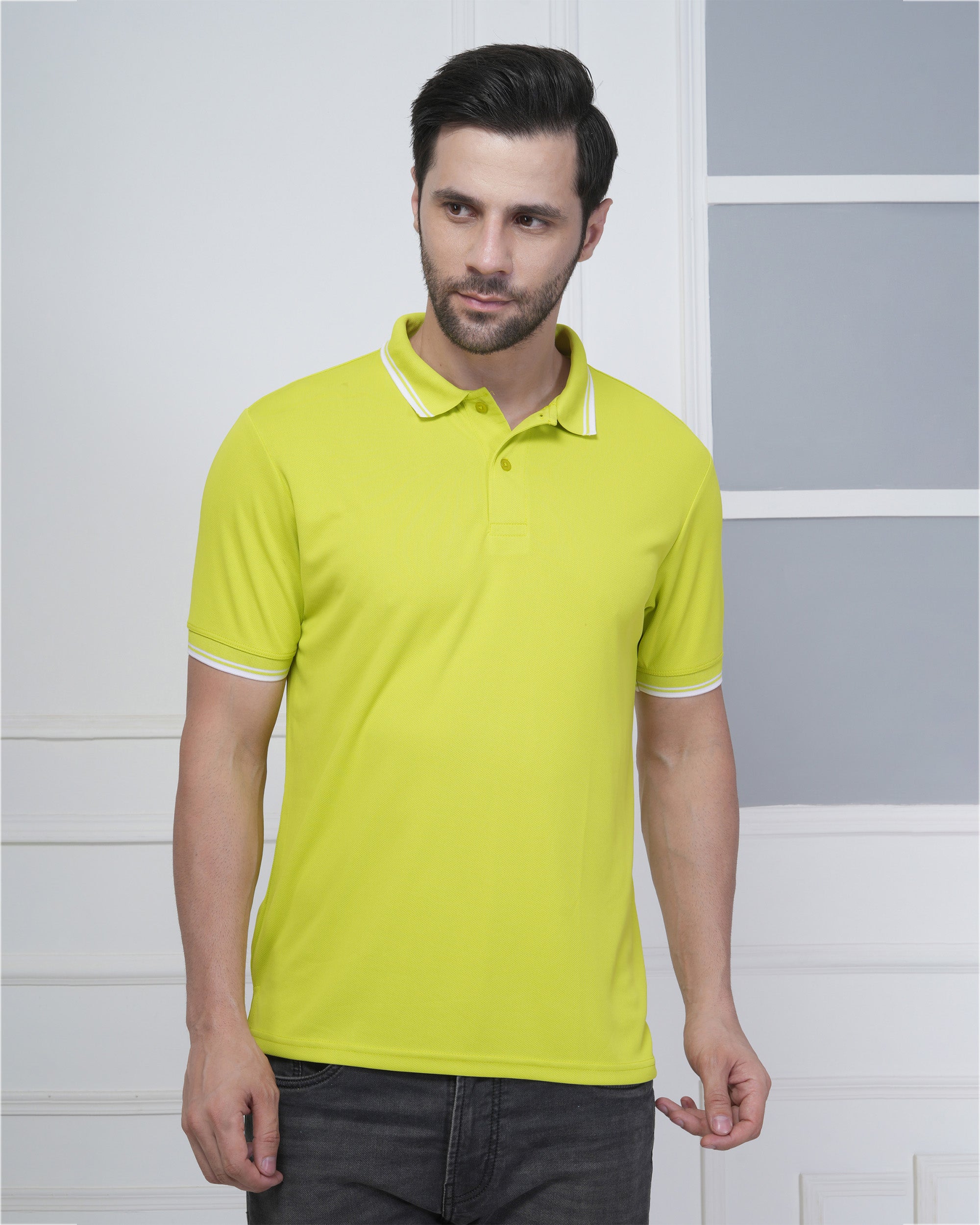 Parrot Green Solid Dot Knit Polo T-Shirt for Men