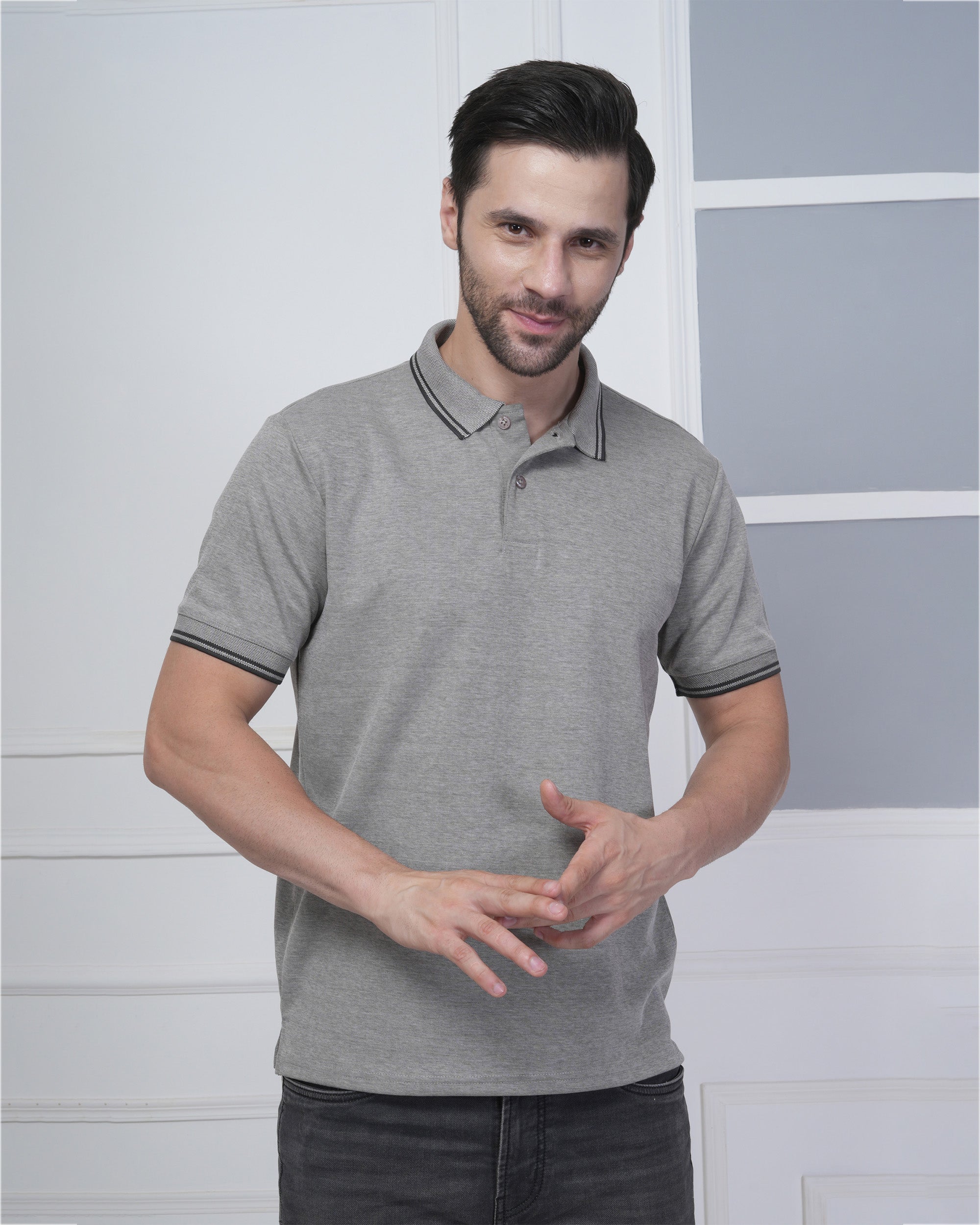 Black Melange Flex Cotton Polo T-Shirt for Men