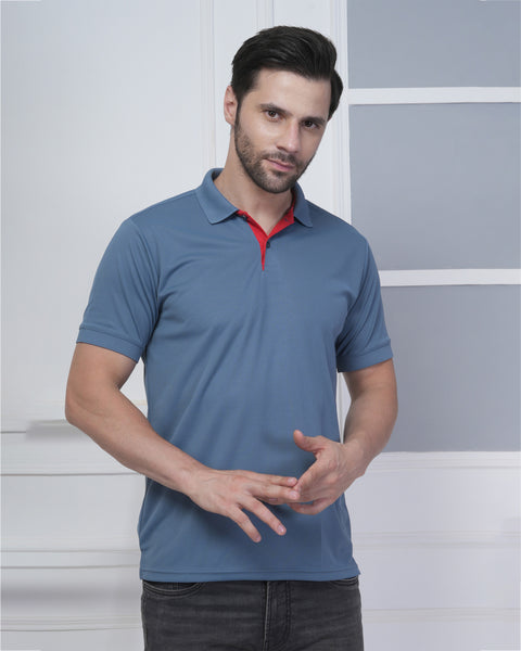 Steel Blue Polo Tshirt Red Jacquard Collar Stylish Sports Wear