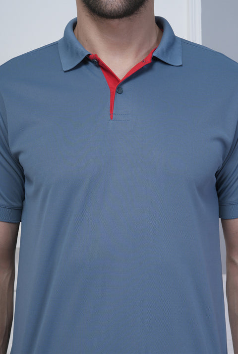 Steel Blue Polo Tshirt Red Jacquard Collar Stylish Sports Wear