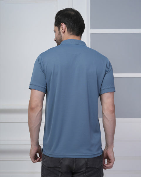 Steel Blue Polo Tshirt Red Jacquard Collar Stylish Sports Wear