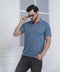 Steel Blue Polo Tshirt Red Jacquard Collar Stylish Sports Wear