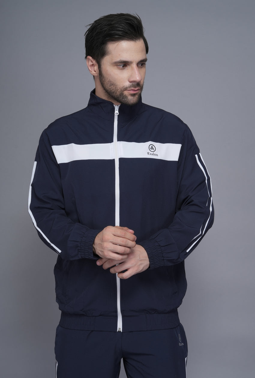 Men’s Navy Blue with White- Pannel Tracksuit with White Double Stripe Design