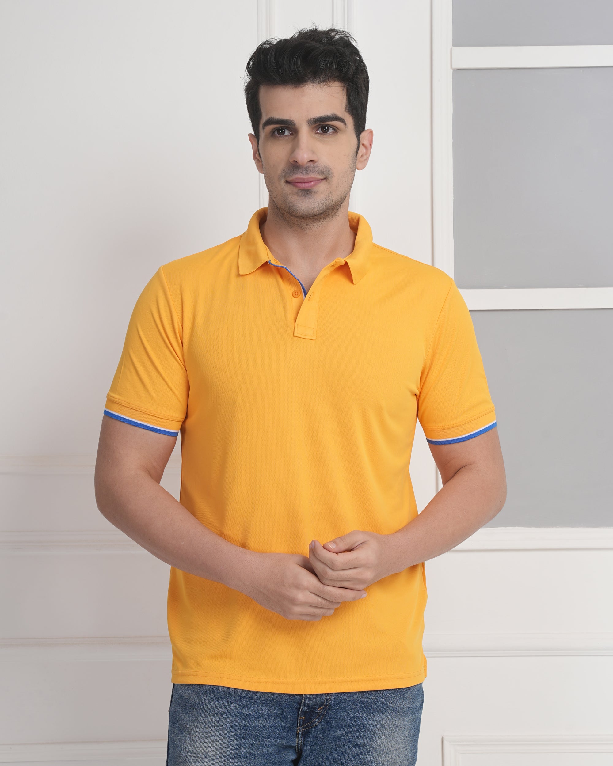 Golden Yellow Solid Dot Knit Polo T-Shirt for Men
