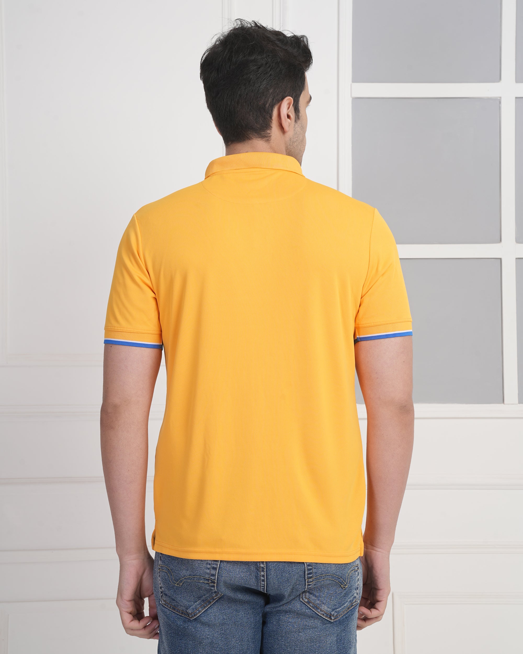Golden Yellow Solid Dot Knit Polo T-Shirt for Men