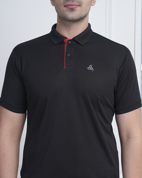 Black Training Polo Tshirt Red Jacquard Collar Performance Fit