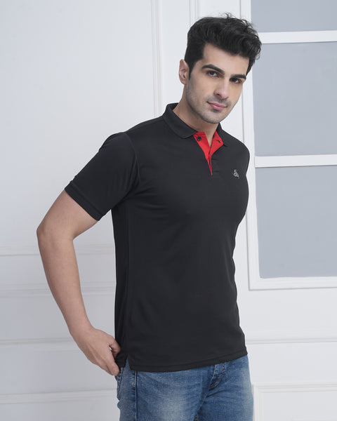 Black Training Polo Tshirt Red Jacquard Collar Performance Fit