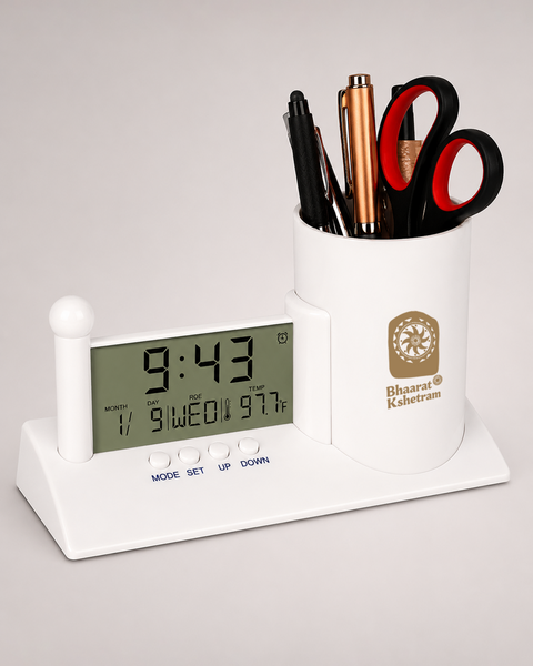 Smart White Digital Clock with Pen Holder and Temperature Display