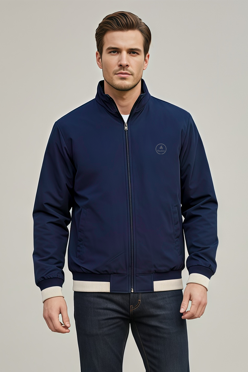 Men’s Premium Navy Blue Winter Jacket with Full-Zip & Ribbed Detailing
