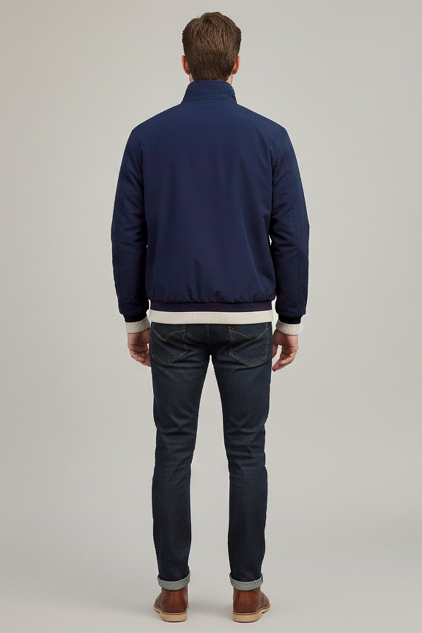 Men’s Premium Navy Blue Winter Jacket with Full-Zip & Ribbed Detailing