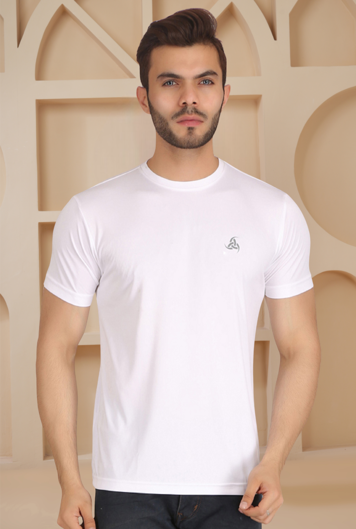 White with Black Panels Men’s Round Neck T-Shirt Dot Knit Breathable Fabric