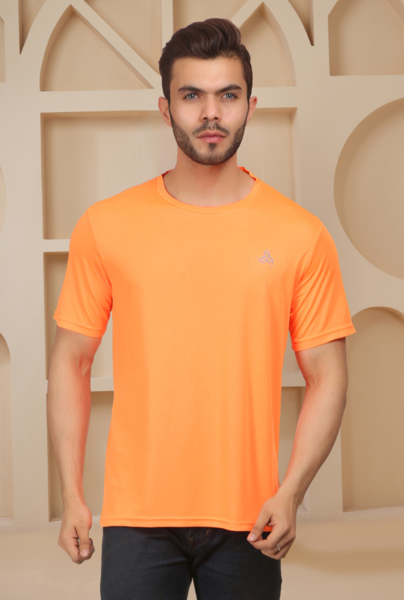 Neon Orange  Round Neck T-Shirt Dot Knit Breathable Fabric