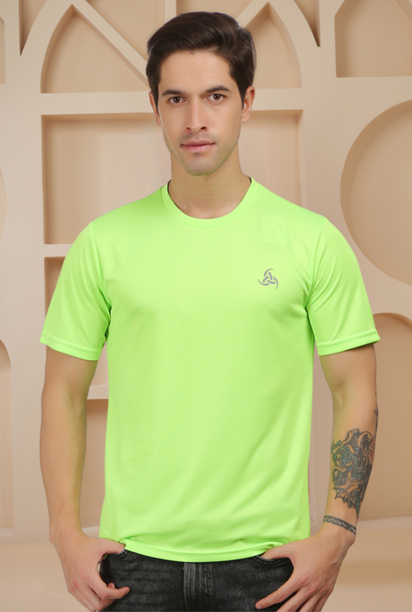 Neon Green Men’s Round Neck T-Shirt Dot Knit Breathable Fabric