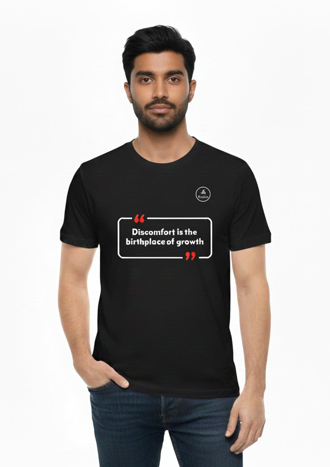 Motivational Quote Polyester T-Shirt for Men – Discomfort Builds Growth | Exalon