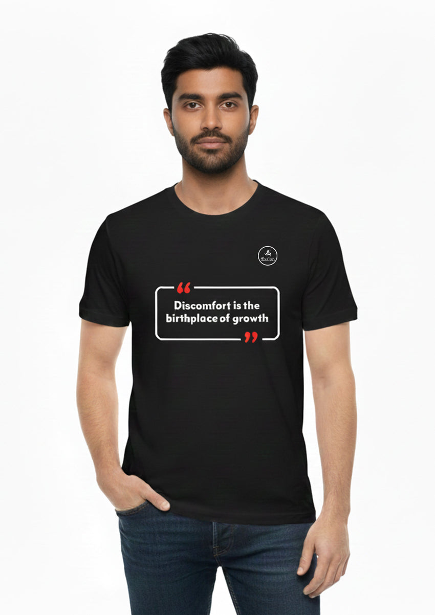 Motivational Quote Polyester T-Shirt for Men – Discomfort Builds Growth | Exalon