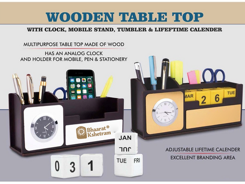Executive Wooden Desk Organizer with Clock Mobile Stand and Calendar