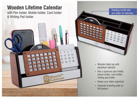 Wooden Perpetual Desk Calendar Organizer with Pen and Mobile Holder